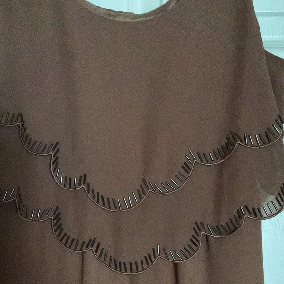 Nude/Brown Beaded Scalloped Mini Dress. - Picture 2 of 2